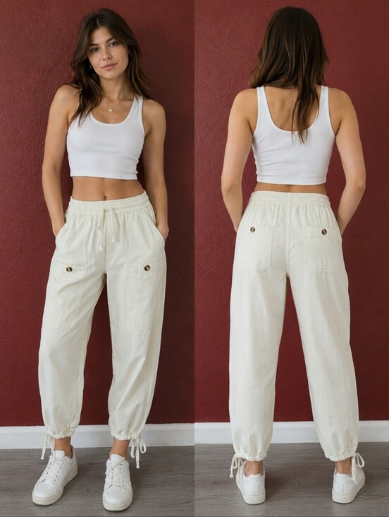 Fore Pants - Casual Drawstring Cargo Pants - Cream
